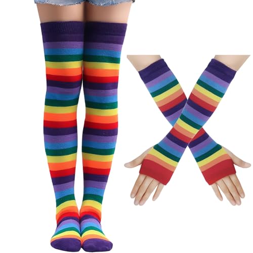 Image of Black and White Striped Arm Leg Warmers Sleeves Set Rainbow Socks Knee High Fingerless Gloves Hand Thigh Warm