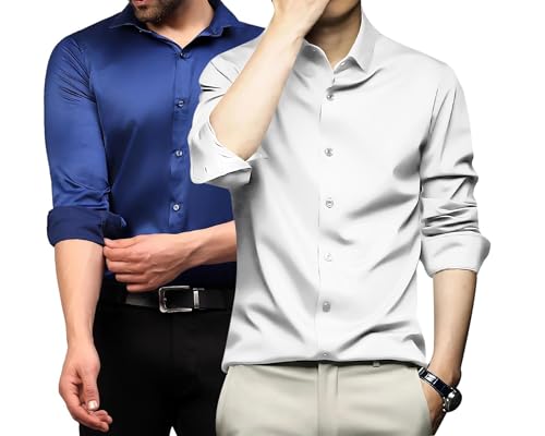 Image of DEELMO Combo of Men's Stylish Solid Satin Casual Shirt for Men Full Sleeves| Poly Satin Silk Shirt Pack of 2