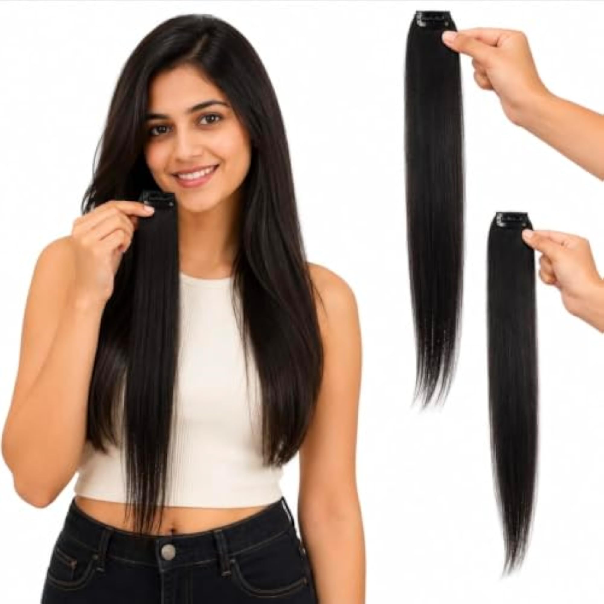 2pc Clip-In Real Human Hair Extensions for Women, Natural Look