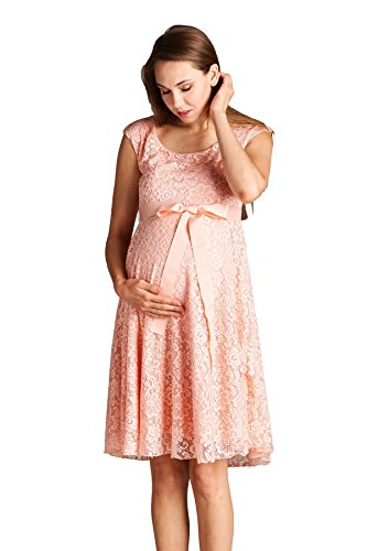 Image of LaClef Maternity Floral Lace Baby Shower Party Cocktail Dress with Satin Waist (Small, Peach)