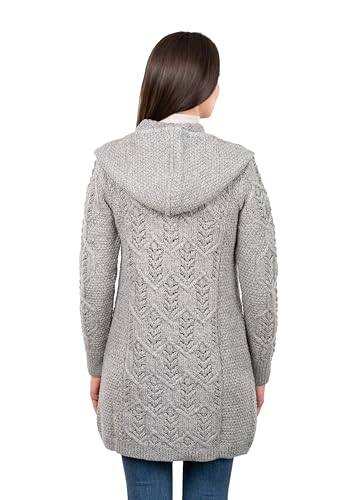 SAOL 100% Merino Wool Women Cardigan Butonned with Hood Aran Leaf Coat Made in Ireland2