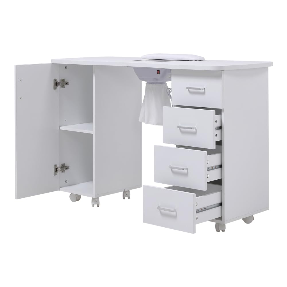Warmiehomy Professional Dressing Vanity Desk Nail Table Mobile Manicure Nail Tables with Built-in Nail Dust Collection 4 Drawers 1 Cabinet Salon Workstation Manicure Nail Desk 120x45x80 cm(White)