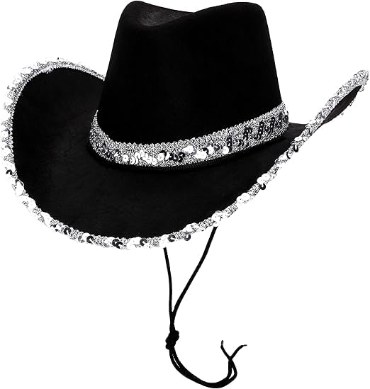 Toyland® 38 cm (15") Black Cowboy Hat with Silver Sequin Trim - Festivals, Concerts, Fancy Dress & Hen Party Accessories - 3 Colours Available