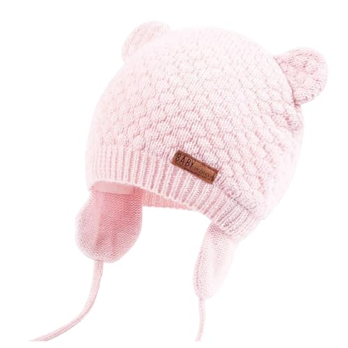 Duoyeree Baby Winter Hat Earflap Cotton Lining Knit Beanie Cap for Toddler Girl Boy (6-12 Month, Pink)