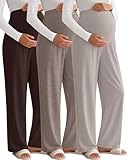 Sweetyweee 3 Pack Women's Maternity Pants Loose Wide Leg Pregnancy Sweatpants Over The Belly Lounge Pants Pajama with Pockets(Dark Brown, Light Coffee, Gray Apricot,Medium)