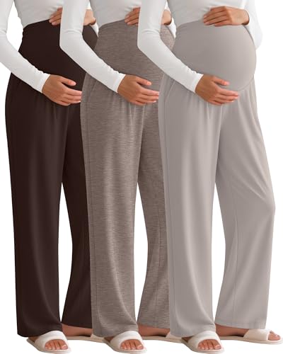 Sweetyweee 3 Pack Women's Maternity Pants Loose Wide Leg Pregnancy Sweatpants Over The Belly Lounge Pants...
