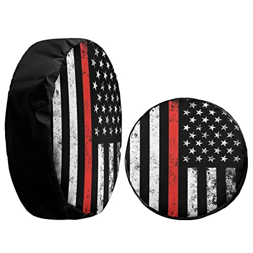 Image of USA Patriotic Firefighter Thin Red Line Flag Spare Tire Cover Wheel Tire Cover Fit Trailer, RV, SUV and Many Vehicle 12inch