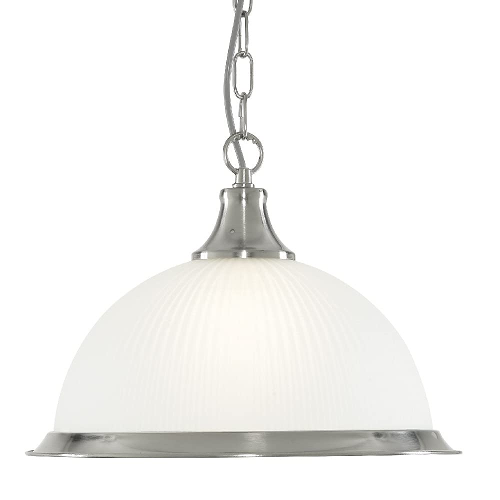 Britalia Satin Silver Chrome & Frosted Ribbed Glass Dome Vintage Pendant Ceiling Light | 34cm Diameter | 1 x E27 ES Lamp Bulb Required (Not Included) | American Diner Retro Design