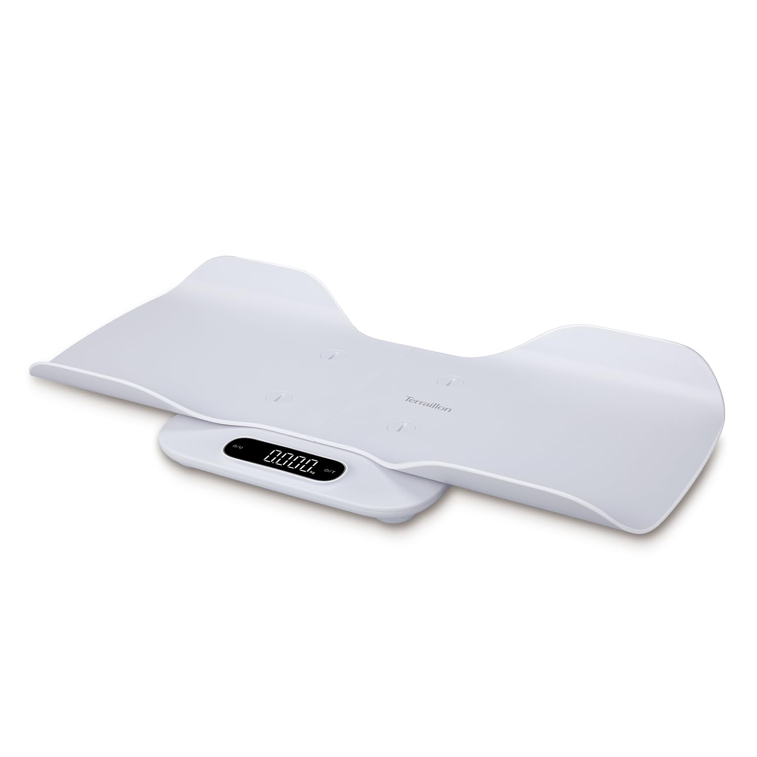 TERRAILLON - BABY FIT - Pesa bambino 2 in 1 elettronica, navicella staccabile, funzione confronto peso, blocco bambino, gradazione 5-10-15 g, capacità 180 kg copertura inclusa, bianco