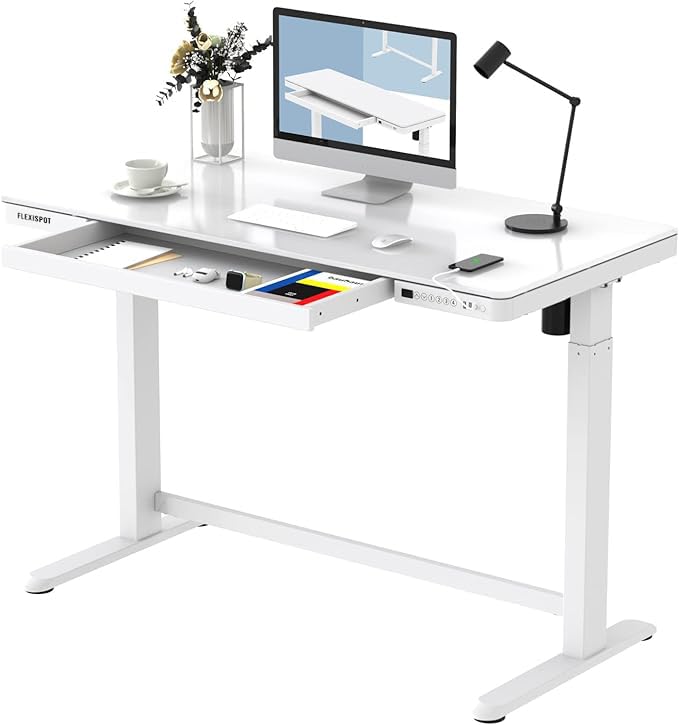 FLEXISPOTElectric Glass Standing Desk with Drawer Desktop & Adjustable Frame Quick Install w/USB Charge Ports, Child Lock (White, Glass)