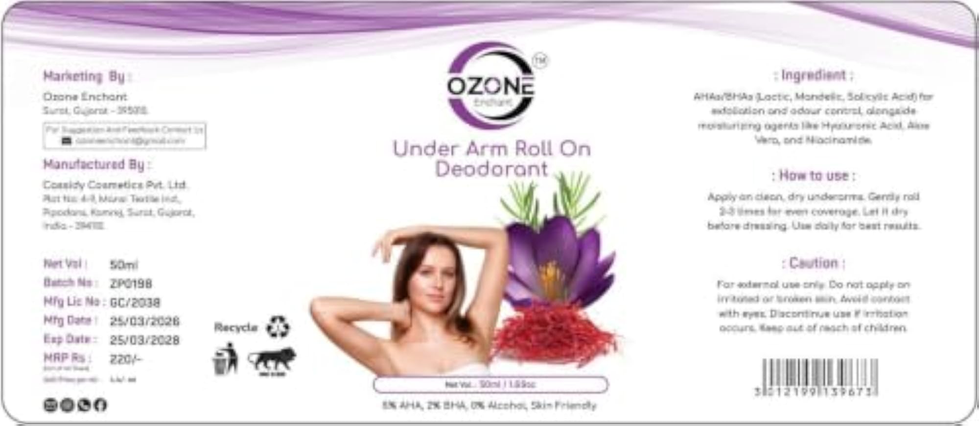 Underarm Roll-On Deodorant for Men & Women, Alcohol-Free Formula