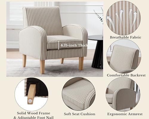 Image of Farmhouse Striped Accent Chairs for Living Room Set of 2, Linen Fabric Modern Comfy Armchairs with Cushion, Upholstered Striped Reading Chairs for Bedroom Couch Chair with Wood Legs, Khaki