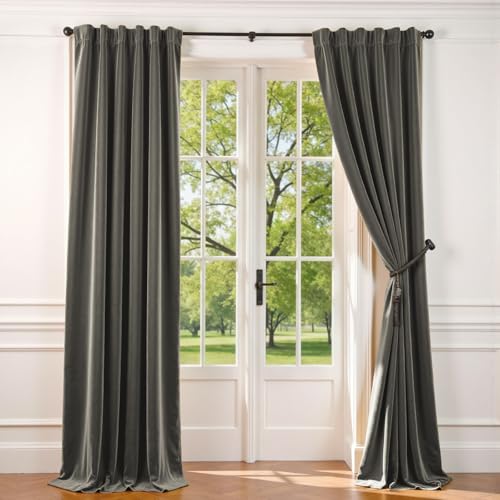 Image of Grey Velvet Curtains Modern Luxury Rod Pocket 52x108 Inch 2 Panels | Room Darkening, For Tall Windows & High Ceilings, Light Shifting Texture, Elegant Drape, Soft, Cozy