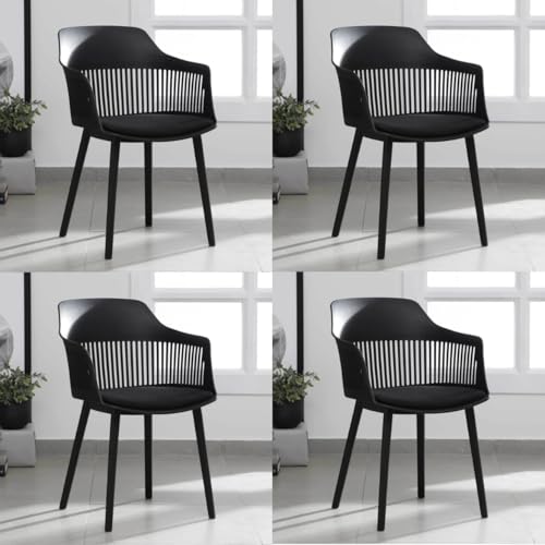 Image of Creative Black Plastic Dining Chairs Set of 4 | Armrest Spindle Back Design | Plastic Shell and Legs | 1.47 Feet Seat Height | Dining Kitchen Cafe Restaurant Living Room Home Use