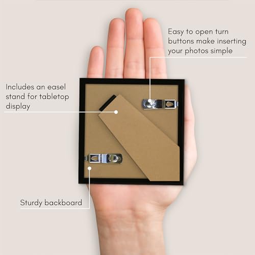 Americanflat 3x3 Picture Frame with Polished Crystal-Clear Glass - Streamline Collection - Thin Border Square Frame for Tabletop Display - Easel Stand Included - Black