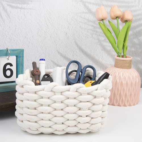 Aufbewahrungskorb aus Baumwolle, Weißes Geflochtenes Körbchen mit DickgarnGeflecht, Badezimmer-Organizer für Schreibtisch & Schminktisch Wickeltisch, Kosmetik, Desktop – Kleine Aufbewahrungsbox