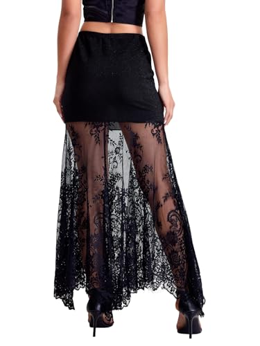 Women's Floral Lace Maxi Skirt Sheer Mesh High Waisted Fishtail Skirts2
