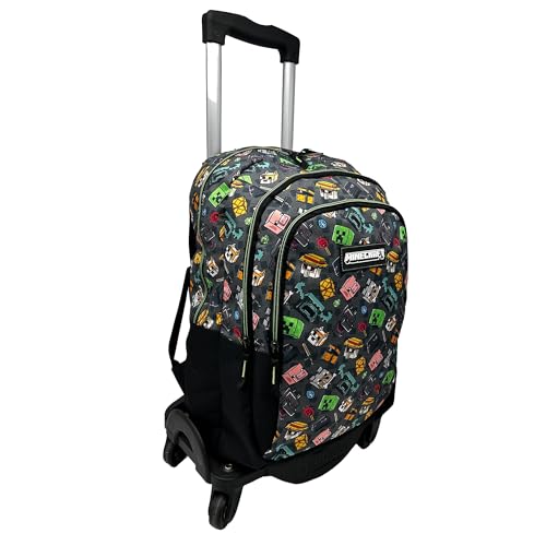 Minecraft Zaino scuola Pixel 25 doppio scomparto adattabile + carrello nero TOYBAGS con protezione laterale e inserto frontale anti caduta 4 ruote girevoli - 44 x 30 x 20 cm, multicolore, M, Casual