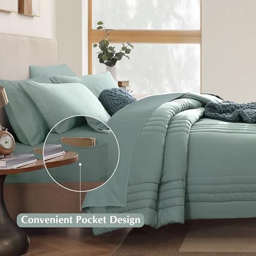 Image of Monbix Super King Size Comforter Set - 7 Pieces Sage Green Bed in a Bag Super King Bedding Sets with Comforters, All Seasons Comforter Bed Set with Sheets,Pillowcases & Shams