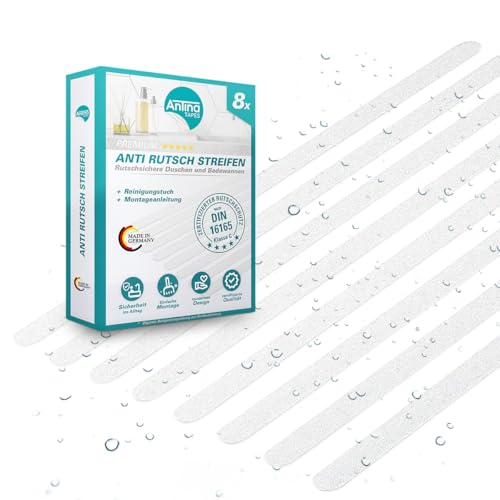AnTina TAPES hochwertige Anti-Rutsch-Aufkleber als Streifen für Dusche & Badewanne Pads Zertifiziert rutschhemmend & selbstklebend 8 Stück in Transparent inkl. Reinigungsmittel