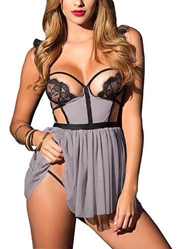 Alloveble Women's Sexy Lace Lingerie Dress Cupless Strappy Chemise Babydoll Nightwear (S, Z-Gray) #TOP28