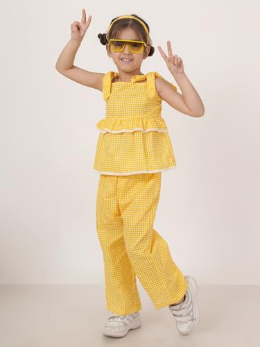 Image of FABRIC FITOOR Kids Cotton's Yellow Colour Checks Print Top & Palazzo Set /Co-ord Set with Hair Band For Girls