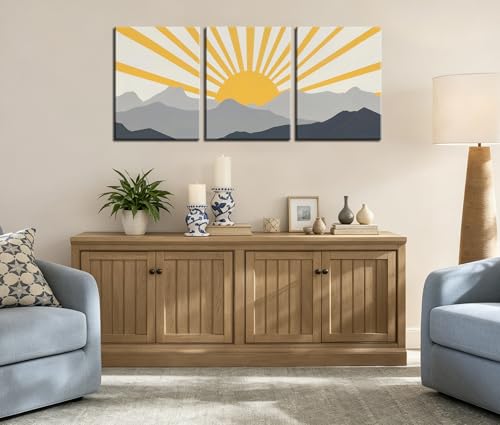 Image of Frimeeme Modern Boho Sun Canvas Wall Art, Set of 3, Framed | Yellow and Gray Mountain Sunrise, 12x16 Inch Each, Ready To Hang