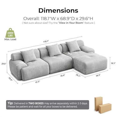 Image of LIKIMIO LumiCord 118 inch Tufted Modular Sectional Sofa with Ottoman, Modern L-Shaped Boneless Couch for Living Room, 26.8 inch Deep Seat, 18.1 inch High Seating, 15 inch Wide Armrest, Corduroy, Pebble Grey