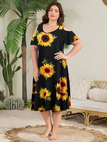 Image of LARACE Plus Size Women Dress for Summer, Midi Women's Sundress, Casual V-Neck Short Sleeve Flowy T-Shirt Dresses with Pockets