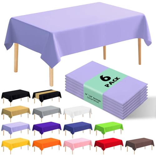 6 Pack Premium Disposable Plastic Tablecloth 54' x 108' Party Table Cloths Disposable for 6 to 8 Foot Tables Indoor or Outdoor Parties Birthdays Weddings Christmas Anniversary Buffet Table (Purple)