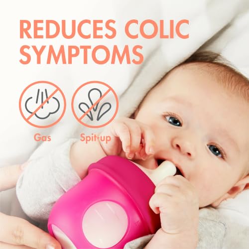 Image of Boon Nursh Bottles - Slow Flow - Silicone Baby Bottles Help Ease Colic Symptoms - Formula and Breast Milk Only Touch Platinum Food-Safe Silicone - Pink - 0-3 Months - 3 Count - 4 Ounce