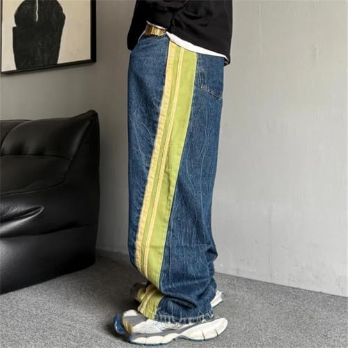 Men’S Hip Hop Trendy Patchwork Baggy Straight Stacked Denim Skateboard Pants Slim Fit Button Fly Spliced Full Length Jeans2