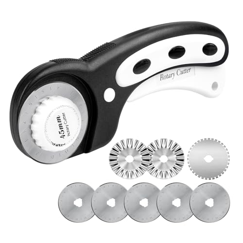 Teslong 45mm Rotary Cutter for Fabric, Extra 8pcs Replacement Blades, Ergonomic Handle Fabric Cutter Wheel with Safety Lock for Fabric, Leather, Paper, Crafting, Sewing, Quilting, Left & Right Hand