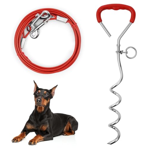 Aomig Anclaje de Suelo para Perros 40cm, Estaca para Perros para Perros Medianos a Grandes, 3m Cable de Amarre para Perros, Inoxidable Espiral Anclaje de Tierra, Ideal para Patios Campings y Parques