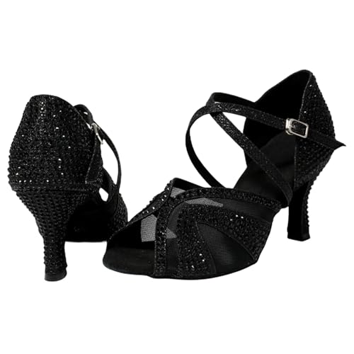 Women's Latin Dance Shoes Latin Dance Shoes for Adult Women with Diamond Inlay, Professional Latin Shoes with Soft Soles for Latin, Salsa, Samba, Chacha(Black 7.5 cm,39)3