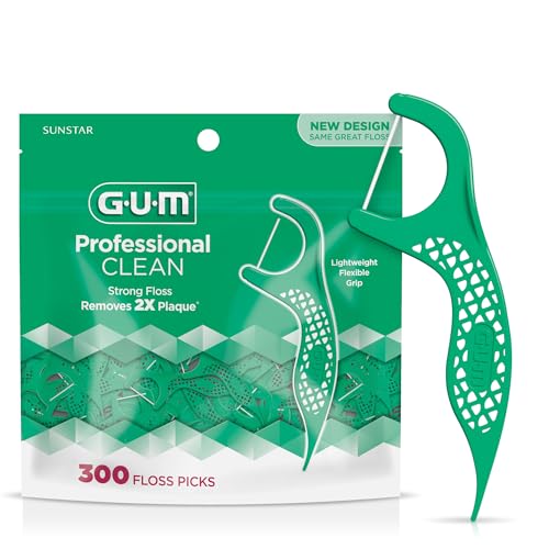 Image of GUM Professional Clean Floss Picks - Extra Strong Shred-Resistant Floss, Easy Grip Handle - Dental Flossers for Adults - Fresh Mint Flavor, 300 Count