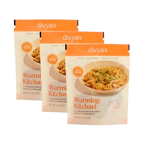 Divya's Warming Kitchari, Rich &amp; Peppery, One-Pot Ayurvedic Meal with Grains, Lentils, &amp; Spices, Healthy &amp; Nourishing Plant-Based Meal, Vegan, Non-GMO, Gluten Free, Organic, Single Serving 3 Pack