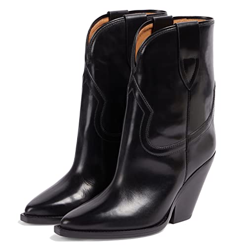 LEHOOR Women Cowboy Boots High Chunky Stacked Heel Western Mid calf Boots Pointy Closed Toe Wide Calf Pull On Suede Cowgirl Boot V Cut Dressy Winter Fall Short Riding Boots Vintage Classic 4-11 M US