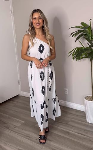 Image of ECOWISH Womens Summer One Shoulder Maxi Dress Casual Polka Dot Midi Dresses Sleeveless Long Pockets Sundress Beach Vacation