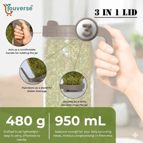 Image of Sprouts Maker Glass Jar - 950ml Large Sprouts Maker Jar for Home Use | BPA-Free Sprouting Jar with Drain Lid Handle | Airflow, Odor-Free, Easy Drainage, and Hygienic Glass Design (Grey)