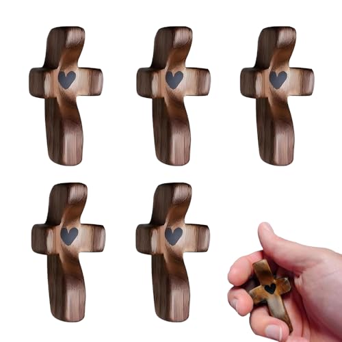 XFSRG 5 Piezas Pequeñas Cruces de Madera Talladas a Mano con Motivos de Corazón como Objetos para Oraciones y Ocasiones Especiales