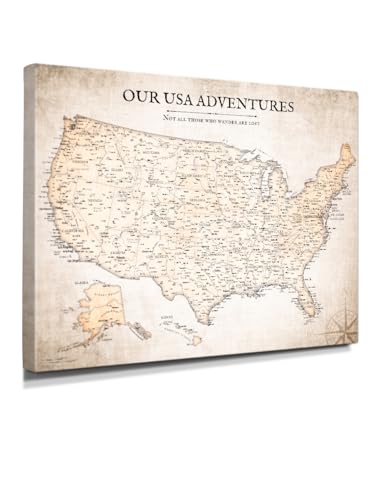 Image of IPIC - Vintage USA Canvas Wall Art, Large Travel Map Print for Home, Office, or Study, Push Pin Map Decor for Travel Lovers, Ready to Hang