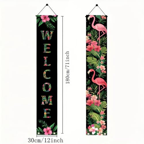 Image of BlissYard 2pcs Black Pink Flamingo Door Banner Summer Hawaiian Porch Banners Sign Sunshine Hibiscus Floral Front Door Hanging Decor Banner for Seasonal Home Hawaii Tropical Party Outdoor Decorations