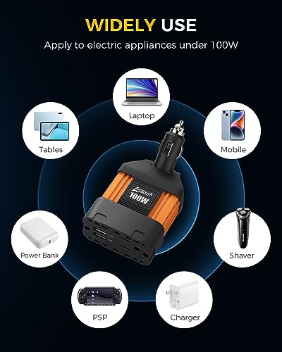 Ampeak 100W Car Power Inverter 4.8A Dual USB Ports AC Outlet 11 Safe Protections Cordless Cigarette Lighter Adapter for iPhone iPad