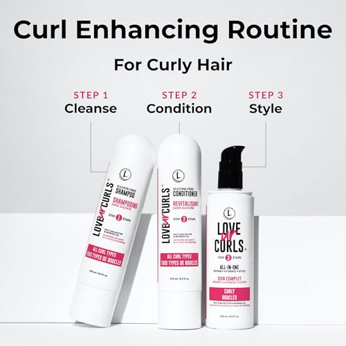 LUS Brands Love Ur Curls for Curly Hair, 3-Step System - Shampoo and Conditioner Set with All-in-One Styler - LUS Curls Hair Products - No Crunch, Nonsticky, Clean - 8.5oz each