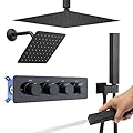 NPYSVSSS Thermostatic Shower System Dual Shower Heads with 12" Ceiling Mounted Rain Shower Head & 8" Wall Mounted Head 4 Function Full Body Luxury Shower System 2 in 1 Function Handheld, Matte Black
