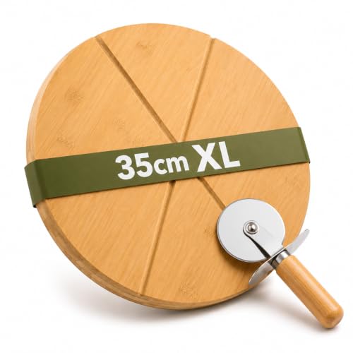 Tabla para Pizza XL 35 cm de Bambú con Cortador de Pizza.Tabla de Madera para Cortar y Servir Pizza | Cortapizzas Incluido