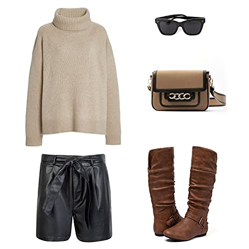 Katliu Women's Mid Calf Slouch Boots Zip Up Flat Boots With Buckle Brown #TOP5