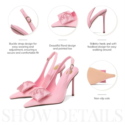 Image of Satin Slingback Pumps Women Floral Knot Pointed Toe Stiletto Heels | Slim stiletto heel, smooth satin upper, Floral accent, knot detail, pointed toe, dress pumps work, parties and wedding looks