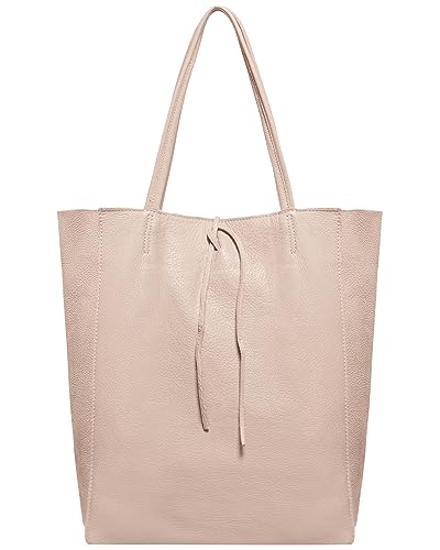 Image of Genuine Italian Leather Tote Bag for Women, Large Slouchy Purse, Nude | Unstructured bag, raw unlined interior with zip pocket, top zipper, side ties, folds flat, fits a 16-inch laptop, lightweight